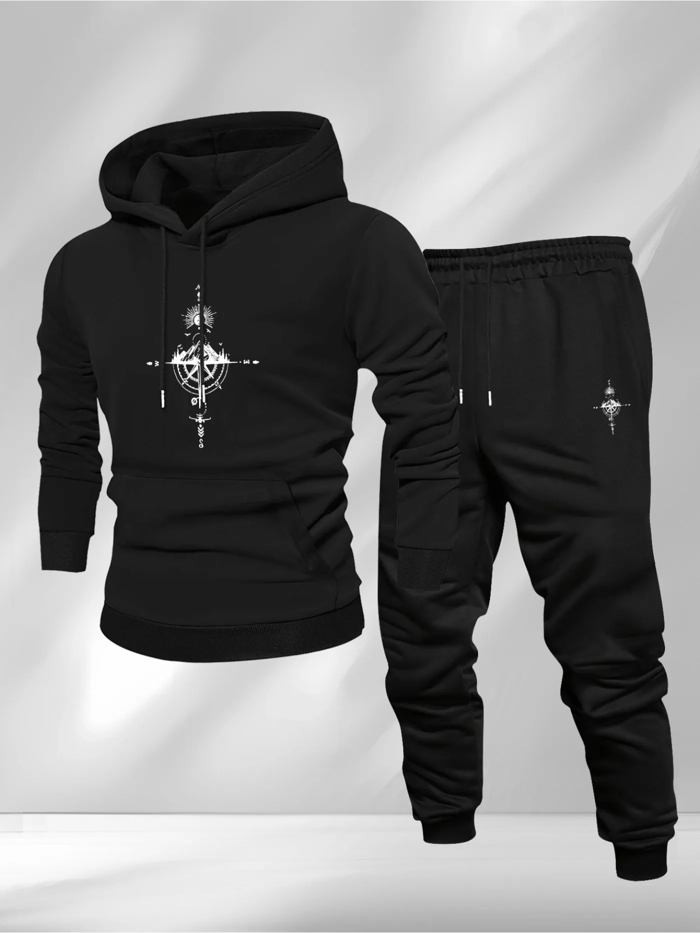 Vintage Fashion Outfits Men - Vintage Compass Print Hoodie and Sweatpants